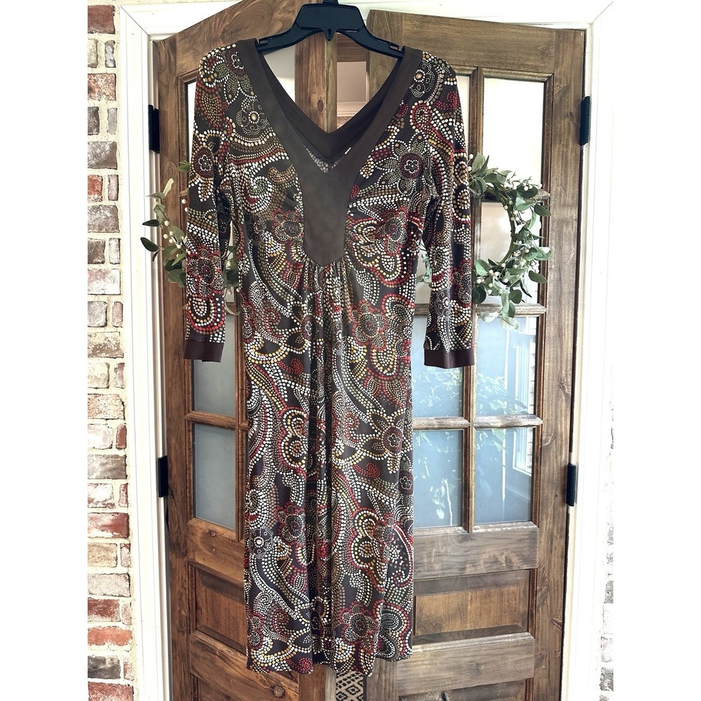 Sandra Darren Sheath‎ Dress Womens 6 Brown Paisley Dot V-Neck 3/4 Sleeve Stretch